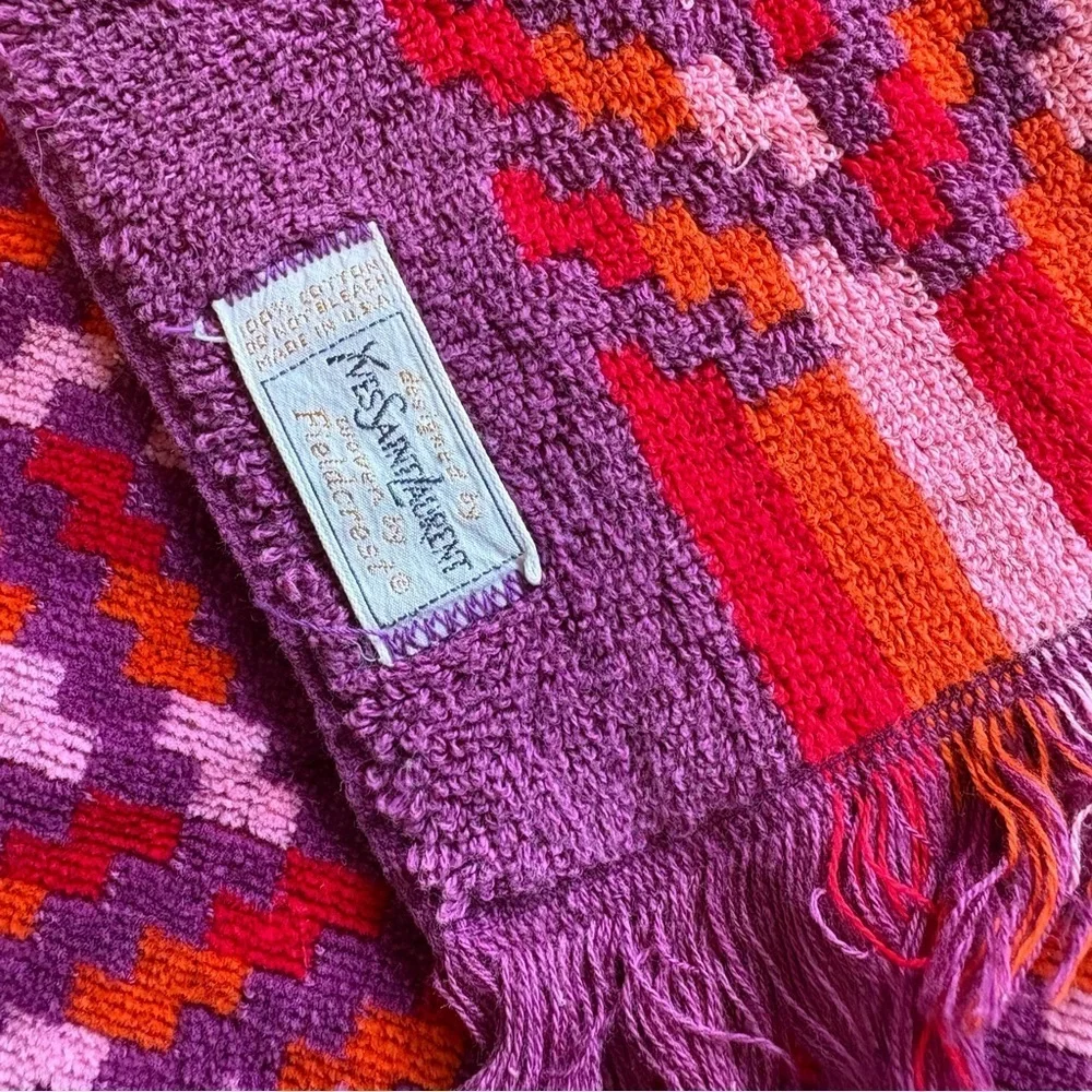 Vintage YSL Towel Set Chevron Abstract Geo Retro Bright Purple Red Orange Fringe